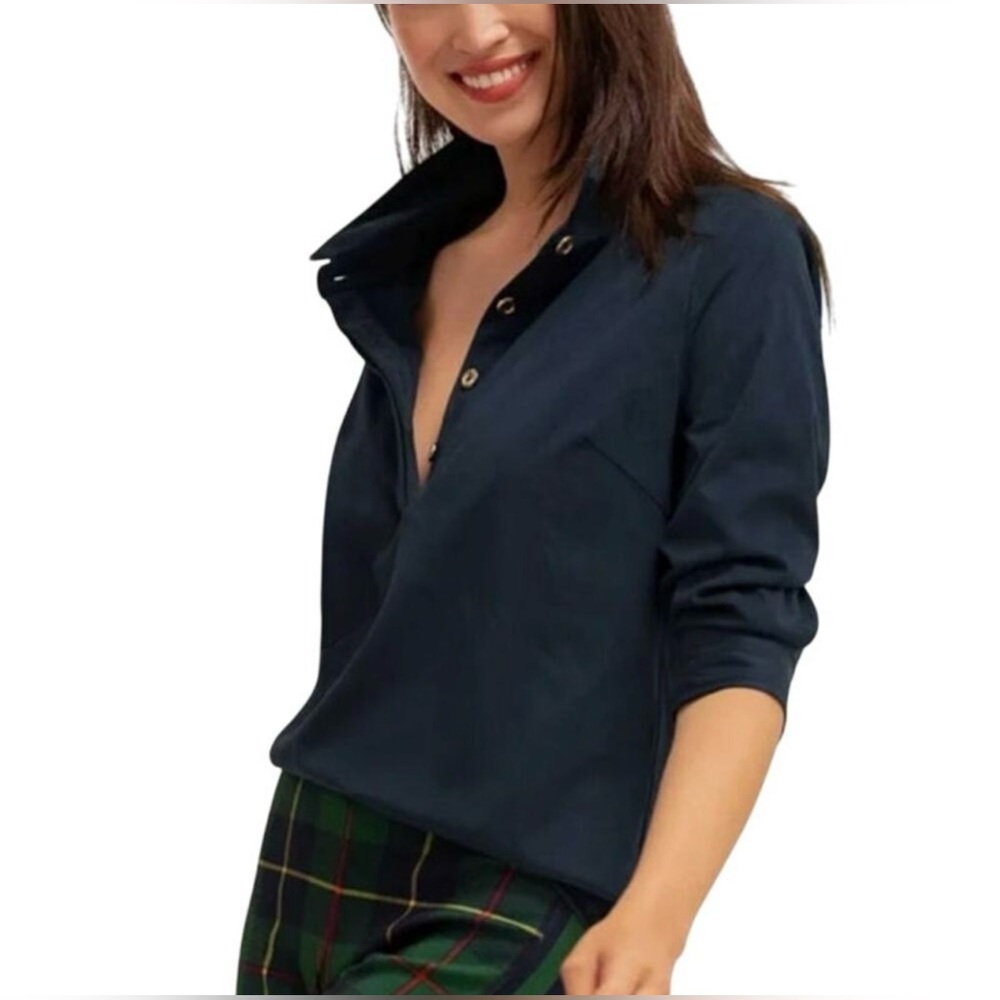 GRETCHEN SCOTT Designs Ultra Suede Popover Top Navy Blue Blouse Collared Shirt